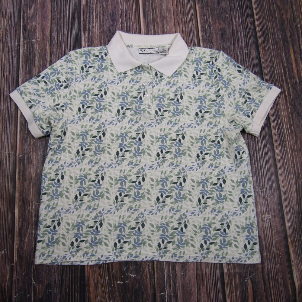 KT Classics Womens Large Green Polo Shirt Vintage Granny 90s Collared Leaf Print